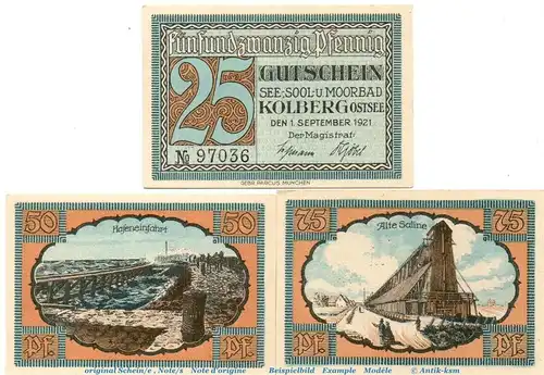 Notgeld Stadt Kolberg 737.2 , Stadtansichten Set mit 3 Scheinen in kfr. von 1921 , Pommern Seriennotgeld