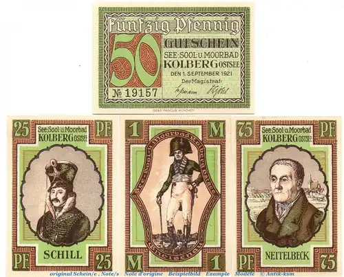 Notgeld Stadt Kolberg 737.1 , Persönlichkeiten Set mit 4 Scheinen in kfr. von 1921 , Pommern Seriennotgeld