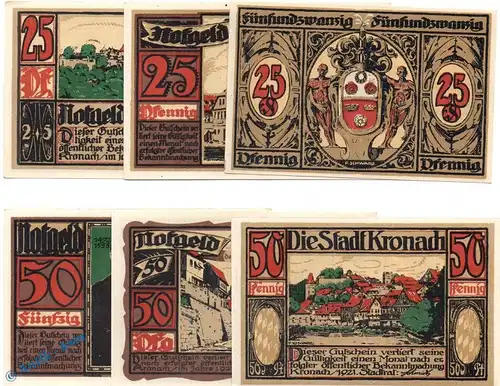 Notgeld Kronach , Set mit 6 Scheinen in kfr. Mehl Grabowski 747.1 , von 1921 , Bayern Seriennotgeld