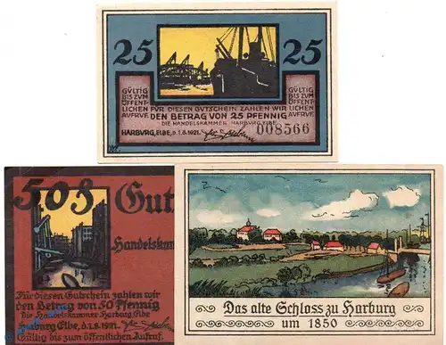 Notgeld Harburg , Handelskammer , Set mit 3 Scheinen in kfr. Mehl Grabowski 579.1 , von 1921 , Hamburg Seriennotgeld