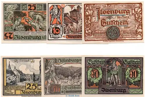 Notgeld Gemeinde Ilsenburg 644.2 , Set mit 6 Scheinen in kfr. von 1920 , Sachsen Anhalt Seriennotgeld