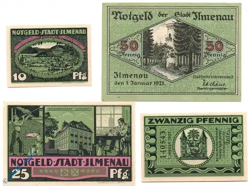 Notgeld Ilmenau , Set mit 4 Scheinen grün in kfr. Mehl Grabowski 643.2 , von 1921 , Thüringen Seriennotgeld