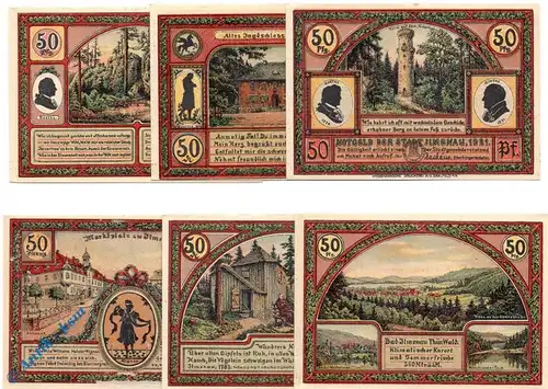 Notgeld Stadt Ilmenau 643.4 , Set mit 6 Scheinen in kfr. Glanzdruck von 1921 , Thüringen Seriennotgeld