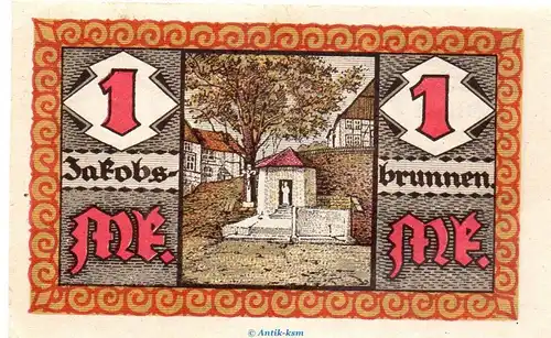 Notgeld Gemeinde Jakobsberg 652.1 , 1 Mark Schein in kfr. von 1921 , Westfalen Seriennotgeld