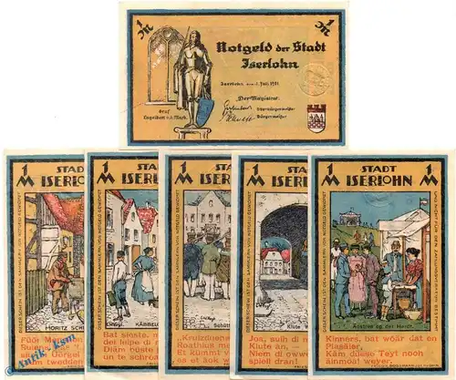 Notgeld Iserlohn , Set mit 6 Scheinen in kfr. Mehl Grabowski 647.1 , von 1921 , Westfalen Seriennotgeld