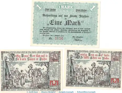 Notgeld Stadt Itzehoe 649.2 , Set mit 3 Scheinen in kfr. o.D. Schleswig Holstein Seriennotgeld