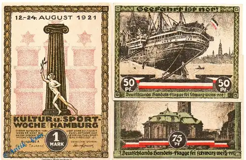 Notgeld Hamburg , Kultur und Sportwoche , Set mit 3 Scheinen in kfr. Mehl Grabowski 539.2 , von 1921 , Hamburg Seriennotgeld