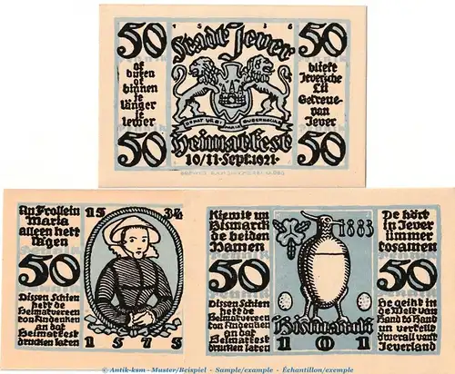 Notgeld Heimatverein Jever 661.3 , Set mit 3 Scheinen in kfr. von 1921 , Niedersachsen Seriennotgeld