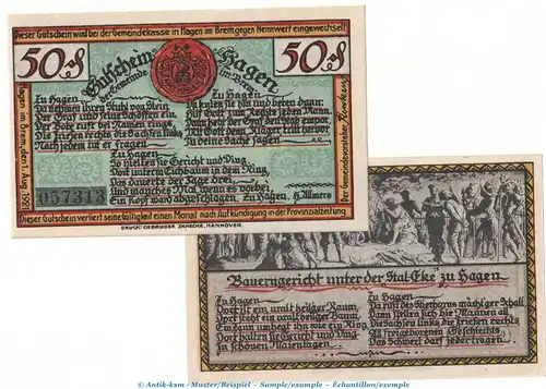 Notgeld Gemeinde Hagen 499.1 , Set mit 2 Scheinen in kfr. von 1921 , Niedersachsen Seriennotgeld