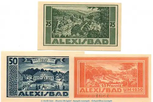 Notgeld Stadt Harzgerode 582.1 , Alexisbad Set mit 3 Scheinen in kfr. von 1921 , Sachsen Anhalt Seriennotgeld