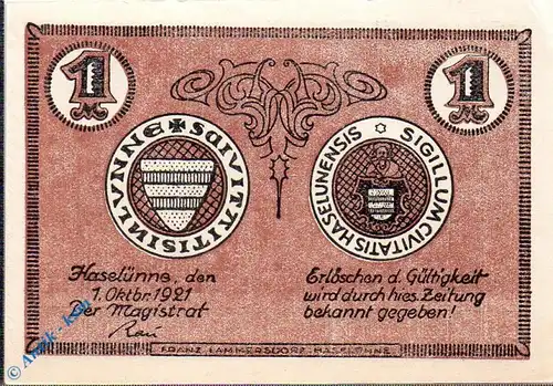 Notgeld Haselünne , 1 Mark Schein , Mehl Grabowski 583.2 , von 1921 , Niedersachsen Seriennotgeld