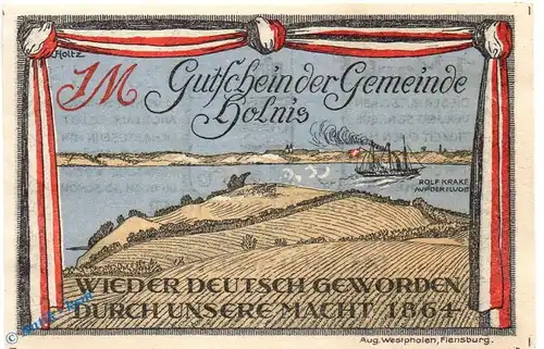 Notgeld Holnis , 1 Mark Schein in kfr. Mehl Grabowski 624.1.a , von 1920 , Schleswig Holstein Seriennotgeld