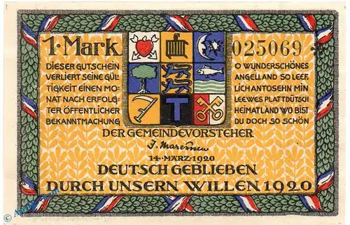 Notgeld Holnis , 1 Mark Schein in kfr. Mehl Grabowski 624.1.a , von 1920 , Schleswig Holstein Seriennotgeld