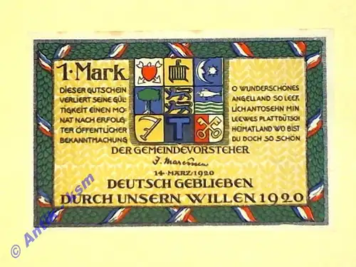 Notgeld Holnis , vollständiger Satz mit 1 Schein über 1 Mark , Seriennotgeld , Schleswig Holstein , Mehl Grabowski 624.1 c , von 1920