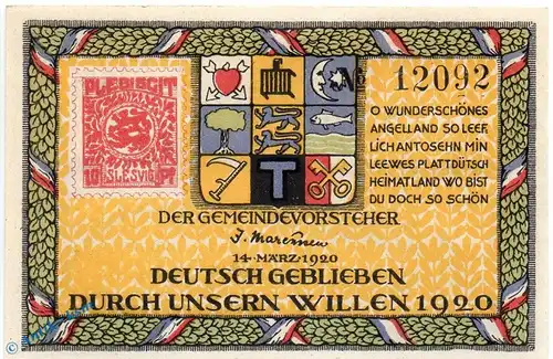 Notgeld Holnis , 1 Mark Schein in kfr. Mehl Grabowski 624.2.a , von 1920 ,  Schleswig Holstein Seriennotgeld