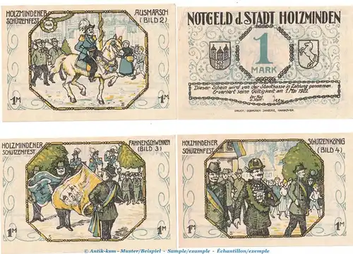 Notgeld Stadt Holzminden 325.1 , Set mit 4 x 1 Mark in kfr. o.D. Niedersachsen Seriennotgeld