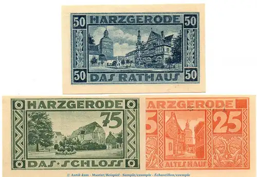 Notgeld Stadt Harzgerode 582.3 , Set mit 3 Scheinen in kfr. von 1921 , Sachsen Anhalt Seriennotgeld