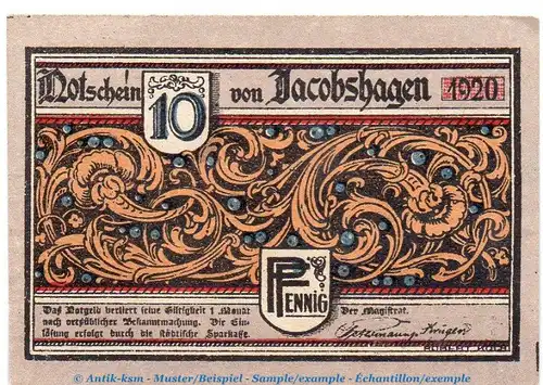 Notgeld Stadt Jacobshagen 651.1 , 10 Pfennig -Engel- in kfr. von 1920 , Pommern Seriennotgeld