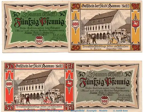 Notgeld Stadt Hamm 568.4 , 4 x 50 Pfennig in kfr. von 1921 , Westfalen Seriennotgeld