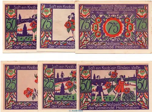 Notgeld Gemeinde Heidgraben 589.2.a , Set mit 6 Scheinen in kfr. o.D. Schleswig Holstein Seriennotgeld