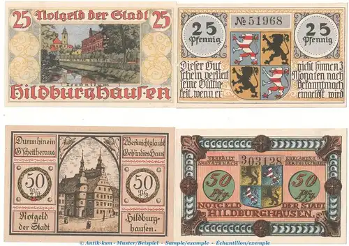 Notgeld Stadt Hildburghausen 608.1-2 , 2 Sets mit 4 Scheinen in kfr. o.D. Thüringen Seriennotgeld