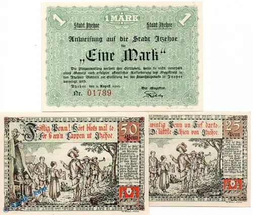 Notgeld Itzehoe , Set mit 3 Scheinen in kfr. Mehl Grabowski 649.1 a , von 1920 , Schleswig Holstein Seriennotgeld