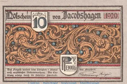 Notgeld Stadt Jacobshagen 651.2 , 10 Pfennig Schein Putten in kfr. von 1920 , Pommern Seriennotgeld