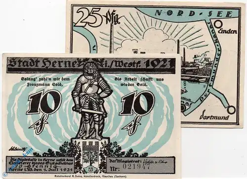 Notgeld Herne , Set mit 2 Scheinen , solang bis Arbeit , Mehl Grabowski 602.4 , von 1921 , Westfalen Seriennotgeld