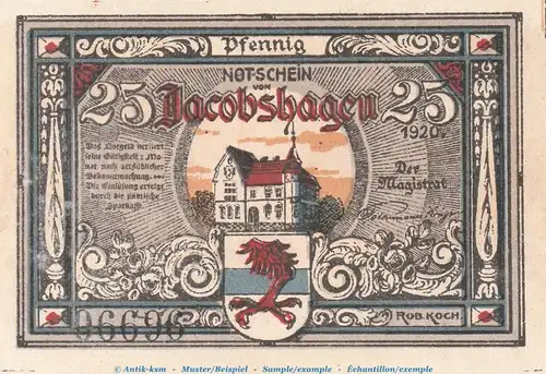 Notgeld Stadt Jacobshagen 651.1 , 25 Pfennig -Engel- in kfr. von 1920 , Pommern Seriennotgeld