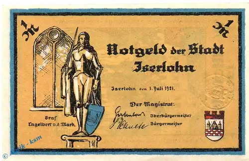 Notgeld Iserlohn , 1 Mark Schein Nr 4 in kfr. Mehl Grabowski 647.1 , von 1921 , Westfalen Seriennotgeld