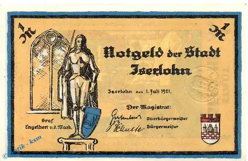 Notgeld Iserlohn , 1 Mark Schein Nr 5 in kfr. Mehl Grabowski 647.1 , von 1921 , Westfalen Seriennotgeld