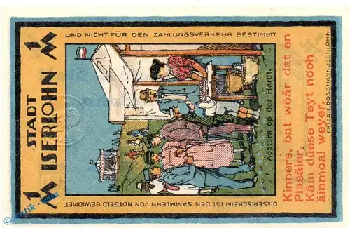 Notgeld Iserlohn , 1 Mark Schein Nr 5 in kfr. Mehl Grabowski 647.1 , von 1921 , Westfalen Seriennotgeld