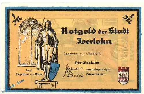 Notgeld Iserlohn , 1 Mark Schein Nr 6 in kfr. Mehl Grabowski 647.1 , von 1921 , Westfalen Seriennotgeld