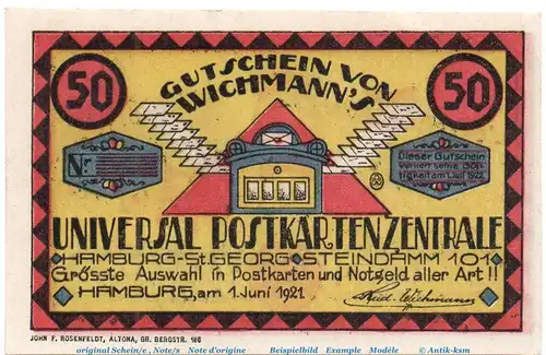 Notgeld Rud. Wichmann Postkartenzentrale Hamburg 561.1 , 50 Pfennig Schein in kfr. von 1921 , Hamburg Seriennotgeld