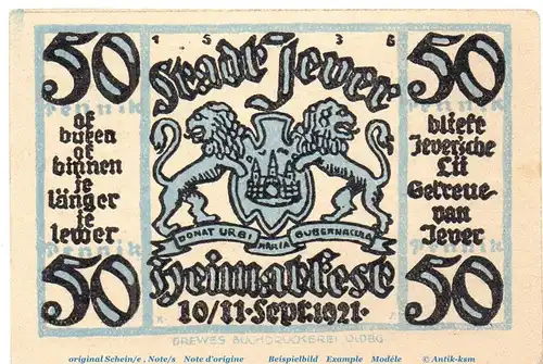 Notgeld Heimatverein Jever 661.3 , 50 Pfennig Schein Nr 1 in kfr. von 1921 , Niedersachsen Seriennotgeld