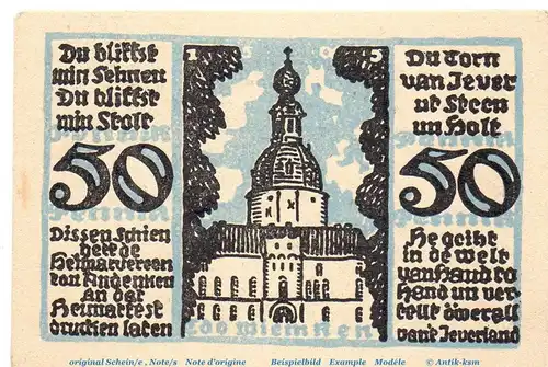 Notgeld Heimatverein Jever 661.3 , 50 Pfennig Schein Nr 1 in kfr. von 1921 , Niedersachsen Seriennotgeld