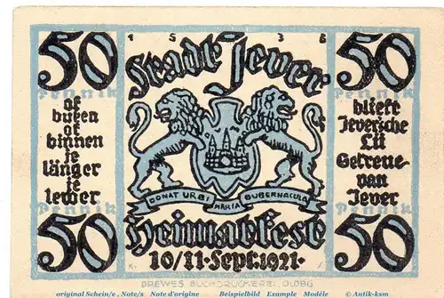 Notgeld Heimatverein Jever 661.3 , 50 Pfennig Schein Nr 2 in kfr. von 1921 , Niedersachsen Seriennotgeld