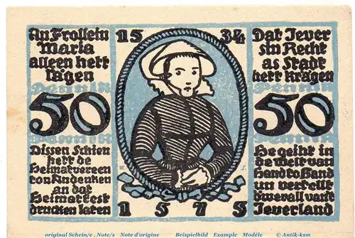 Notgeld Heimatverein Jever 661.3 , 50 Pfennig Schein Nr 2 in kfr. von 1921 , Niedersachsen Seriennotgeld