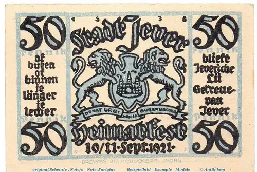 Notgeld Heimatverein Jever 661.3 , 50 Pfennig Schein Nr 3 in kfr. von 1921 , Niedersachsen Seriennotgeld