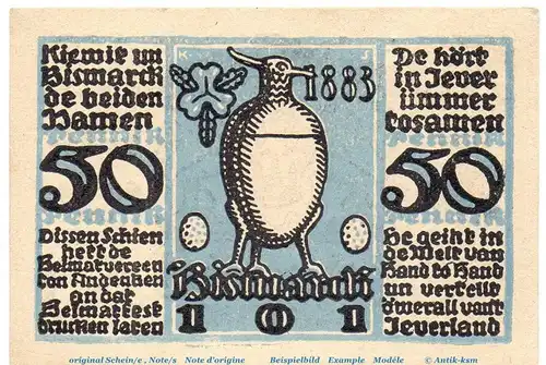 Notgeld Heimatverein Jever 661.3 , 50 Pfennig Schein Nr 3 in kfr. von 1921 , Niedersachsen Seriennotgeld