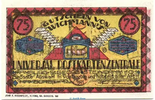 Notgeld Rud. Wichmann Hamburg 561.1 , 50 Pfennig -Fehldruck- in kfr. von 1921 , Hamburg Seriennotgeld