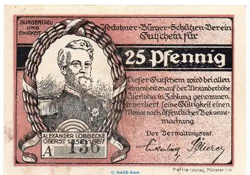 Notgeld Bürger Schützen Verein Iserlohn 646.1 , 25 Pfennig Schein in kfr. o.D. Westfalen Seriennotgeld