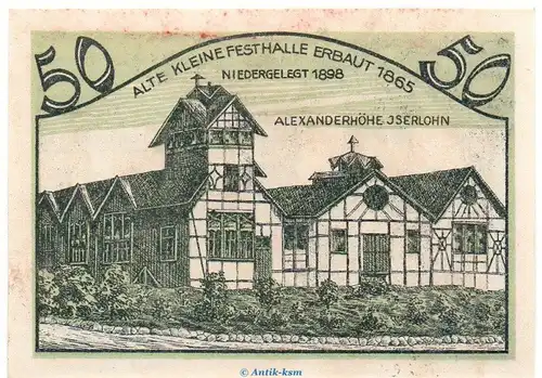 Notgeld Bürger Schützen Verein Iserlohn 646.1 , 50 Pfennig Schein in kfr. o.D. Westfalen Seriennotgeld