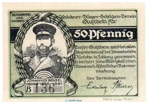 Notgeld Bürger Schützen Verein Iserlohn 646.1 , 50 Pfennig Schein in kfr. o.D. Westfalen Seriennotgeld