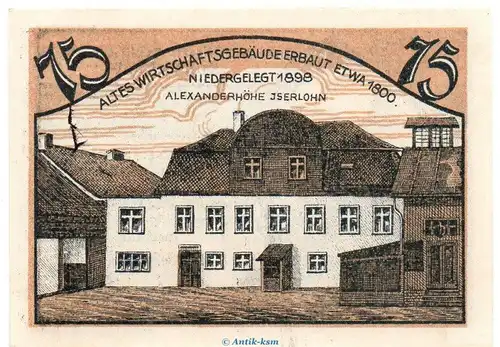 Notgeld Bürger Schützen Verein Iserlohn 646.1 , 75 Pfennig Schein in kfr. o.D. Westfalen Seriennotgeld