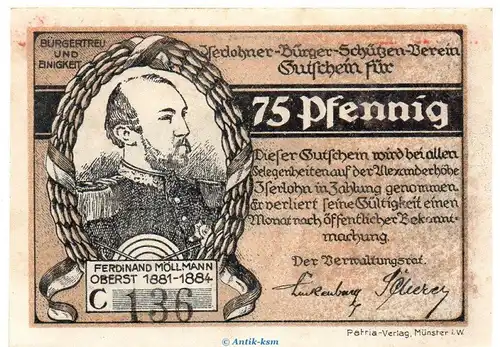 Notgeld Bürger Schützen Verein Iserlohn 646.1 , 75 Pfennig Schein in kfr. o.D. Westfalen Seriennotgeld