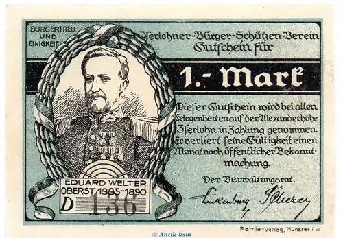 Notgeld Bürger Schützen Verein Iserlohn 646.1 , 1 Mark Schein in kfr. o.D. Westfalen Seriennotgeld