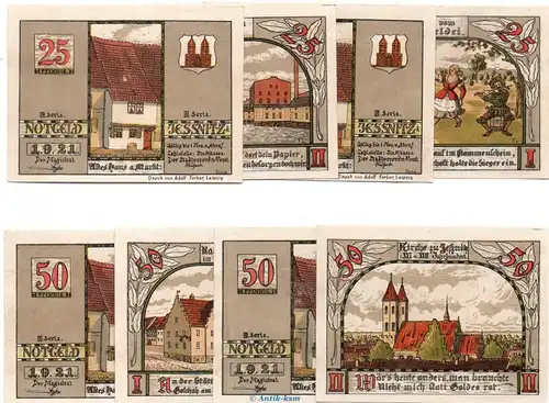 Notgeld Stadt Jessnitz 659.4 , III. Serie Set mit 8 Scheinen in kfr. von 1921 Sachsen Anhalt Seriennotgeld