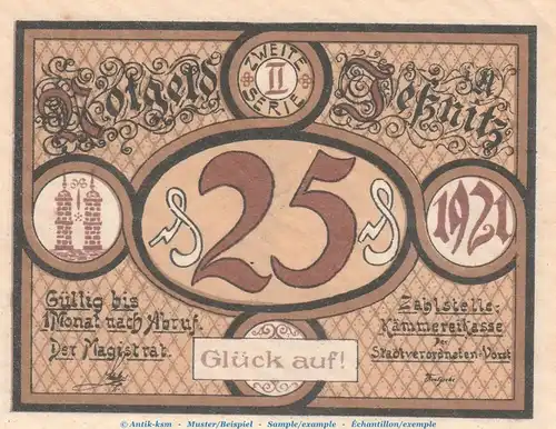 Notgeld Stadt Jessnitz 659.3 , 25 Pfennig Nr.1 -Glück auf- in kfr. von 1921 , Sachsen Anhalt Seriennotgeld
