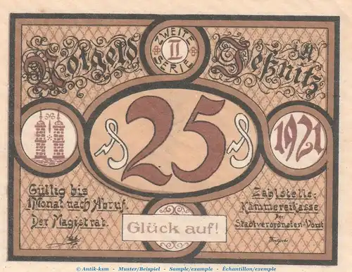 Notgeld Stadt Jessnitz 659.3 , 25 Pfennig Nr.2 -Glück auf- in kfr. von 1921 , Sachsen Anhalt Seriennotgeld